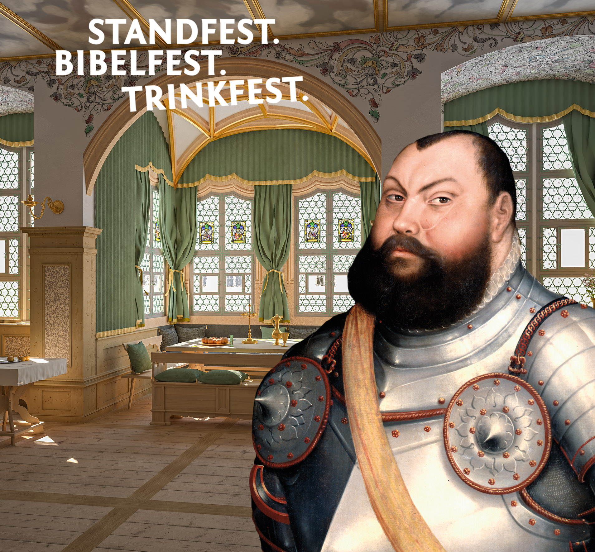 Werbemotiv: Im Hintergrund die ReKonstruktion des Kurfürstlichen Wohnzimmers, davor der Kurfürst selbst, der den Betrachter ansieht.